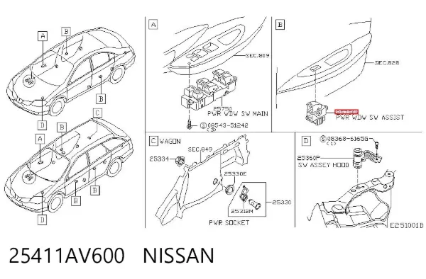 Botón de encendido del motor del elevalunas trasero 25411AV600 Nissan/Infiniti