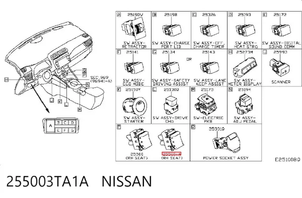 Botón de encendido de calefacción del asiento 255003TA1A Nissan/Infiniti