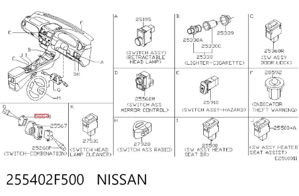 Conmutador izquierdo de la columna de dirección 255402F500 Nissan/Infiniti