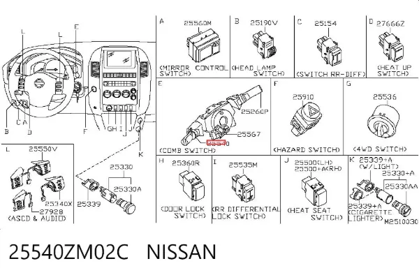 Conmutador izquierdo de la columna de dirección 25540ZM02C Nissan/Infiniti