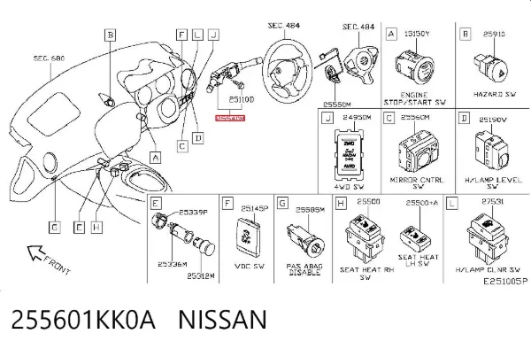 Conmutador columna dirección 255601KK0A Nissan/Infiniti