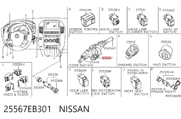 Interruptor central de la columna de dirección 25567EB301 Nissan/Infiniti