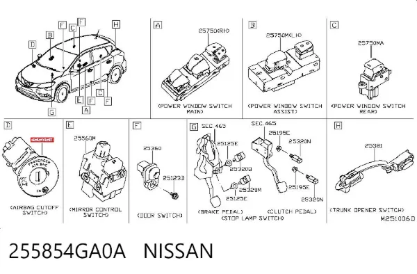 Botón de desactivación del airbag 255854GA0A Nissan/Infiniti
