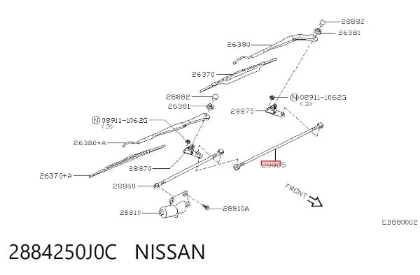 Biela izquierda de la transmisión del limpiaparabrisas 2884250J0C Nissan/Infiniti