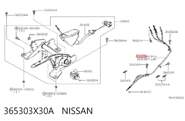 Cable de freno de mano trasero derecho 365303X30A Nissan/Infiniti