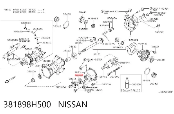 Retén del piñón del diferencial trasero 381898H500 Nissan/Infiniti