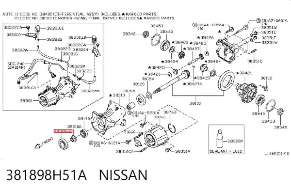 Retén del piñón del diferencial trasero 381898H51A Nissan/Infiniti