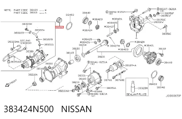 Retén del diferencial del eje trasero 383424N500 Nissan/Infiniti