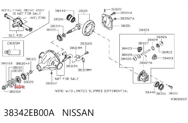 Retén del piñón del diferencial trasero 38342EB00A Nissan/Infiniti