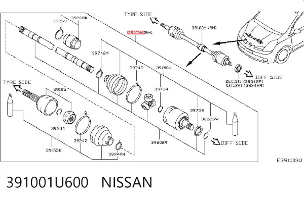 Semieje delantero derecho 391001U600 Nissan/Infiniti