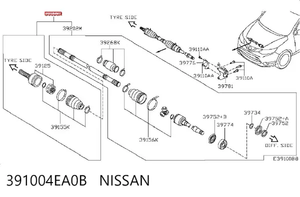 Semieje delantero derecho 391004EA0B Nissan/Infiniti