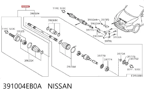 Semieje delantero derecho 391004EB0A Nissan/Infiniti