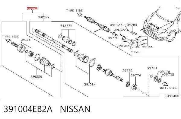 Semieje delantero derecho 391004EB2A Nissan/Infiniti