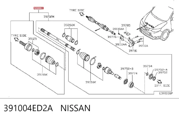 Semieje delantero derecho 391004ED2A Nissan/Infiniti