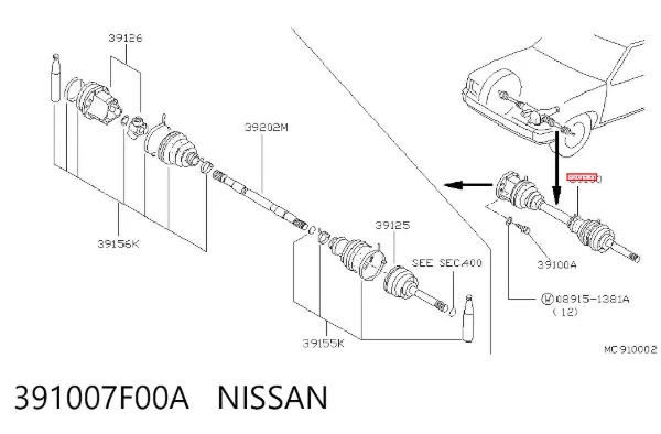 Semieje delantero 391007F00A Nissan/Infiniti