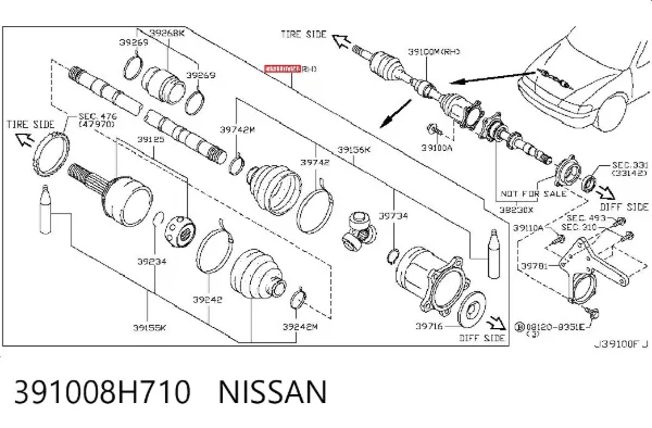 Semieje delantero derecho 391008H710 Nissan/Infiniti