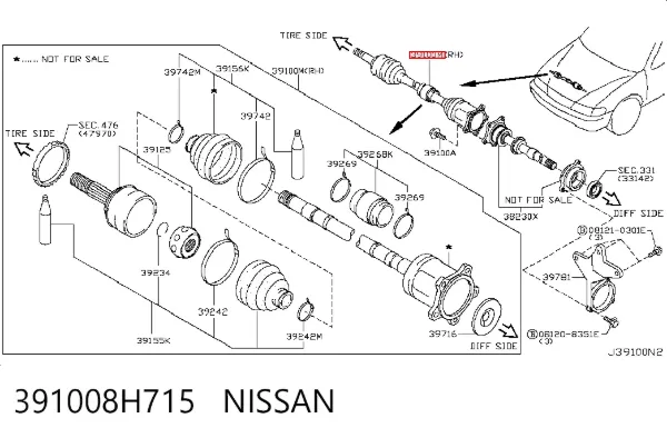 Semieje delantero derecho 391008H715 Nissan/Infiniti