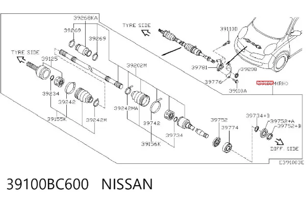 Semieje delantero derecho 39100BC600 Nissan/Infiniti