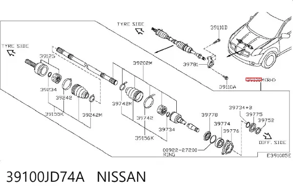 Semieje delantero derecho 39100JD74A Nissan/Infiniti