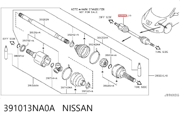 Semieje delantero izquierdo 391013NA0A Nissan/Infiniti