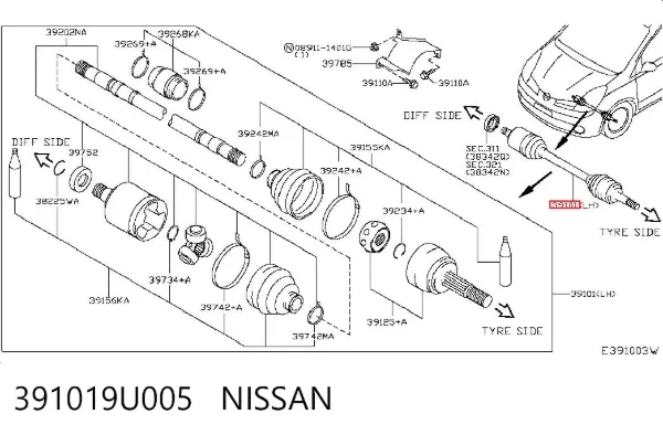 Semieje delantero izquierdo 391019U005 Nissan/Infiniti