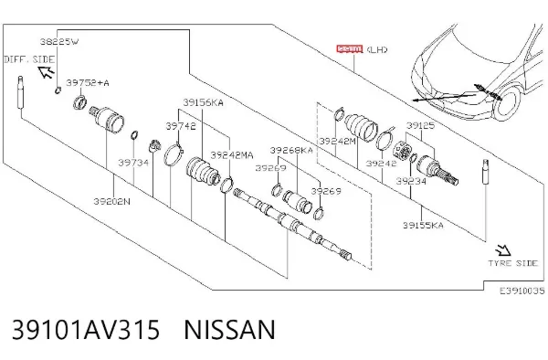 Semieje delantero izquierdo 39101AV315 Nissan/Infiniti