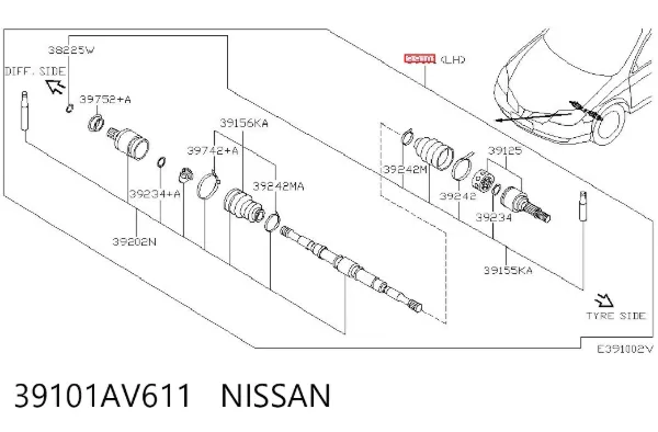 Semieje delantero izquierdo 39101AV611 Nissan/Infiniti