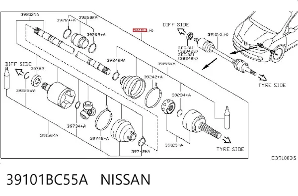 Semieje delantero izquierdo 39101BC55A Nissan/Infiniti