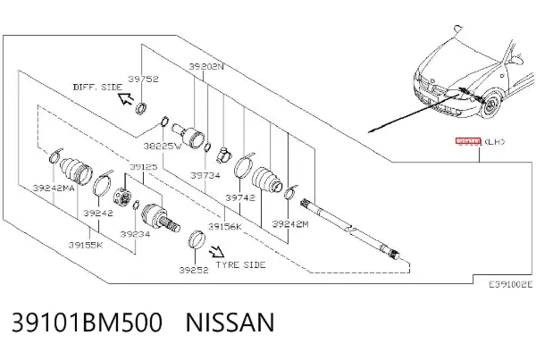 Semieje delantero izquierdo 39101BM500 Nissan/Infiniti