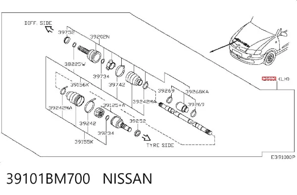 Semieje delantero izquierdo 39101BM700 Nissan/Infiniti