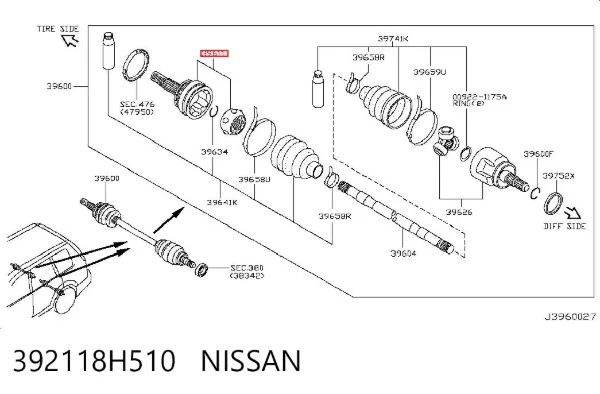 Junta homocinética exterior trasera 392118H510 Nissan/Infiniti