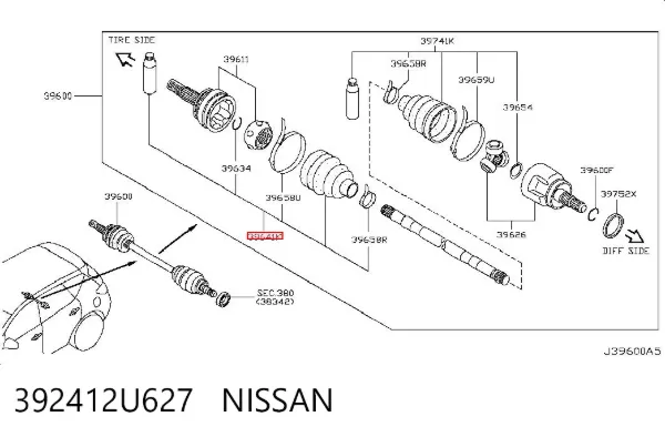 Fuelle exterior del eje de transmisión trasero 392412U627 Nissan/Infiniti