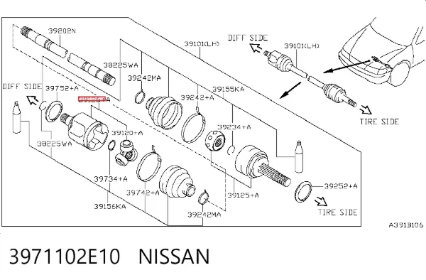 Junta homocinética interna delantera 3971102E10 Nissan/Infiniti