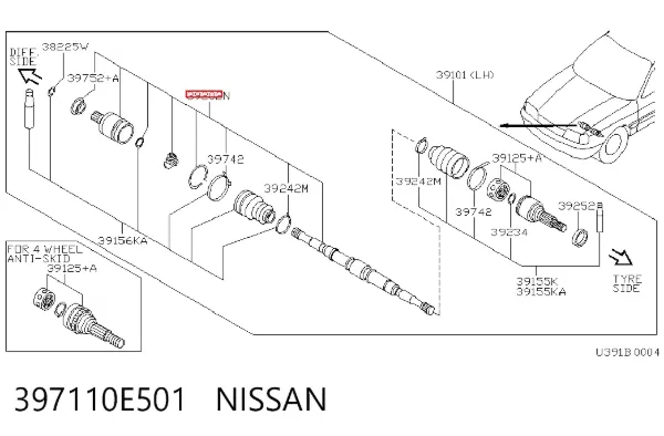 Junta homocinética interna delantera izquierda 397110E501 Nissan/Infiniti