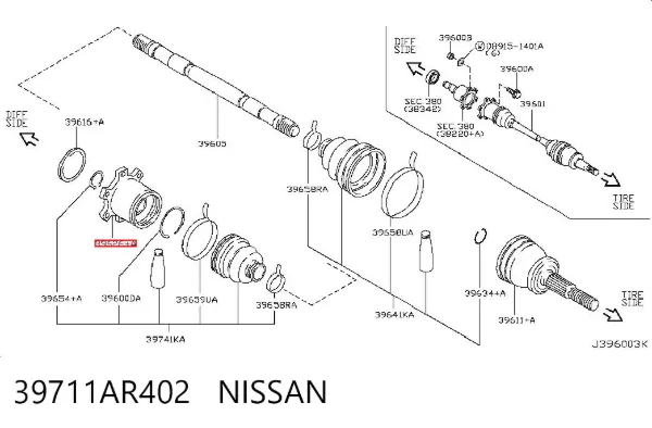 Junta homocinética interior trasera 39711AR402 Nissan/Infiniti