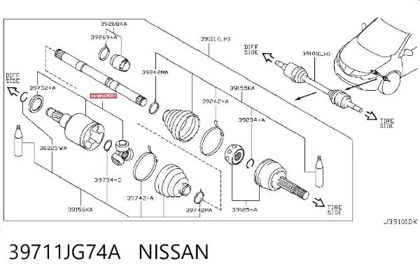 Junta homocinética interna delantera izquierda 39711JG74A Nissan/Infiniti