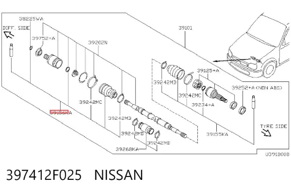 Fuelle de semieje delantero interior 397412F025 Nissan/Infiniti