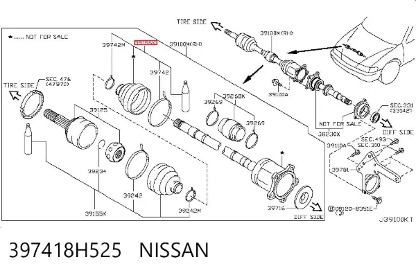 Fuelle de semieje delantero interior 397418H525 Nissan/Infiniti
