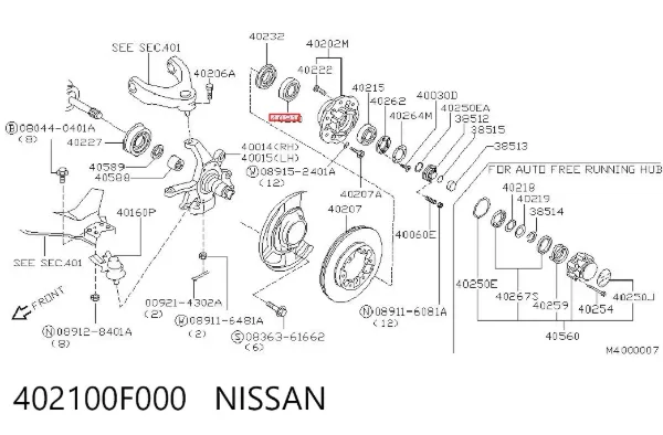 Cojinete interno del cubo de rueda delantera 402100F000 Nissan/Infiniti