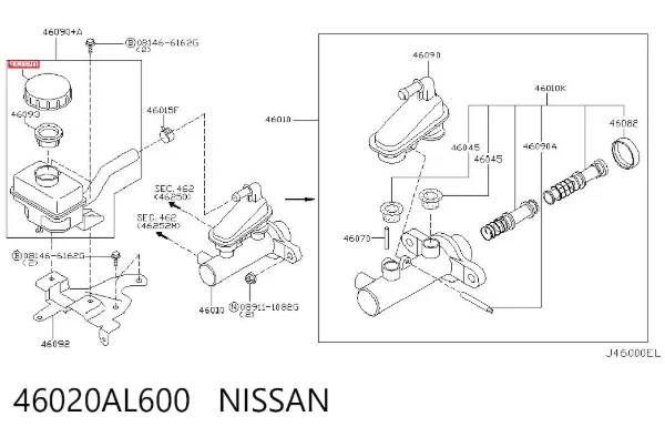 Tapa del depósito del cilindro maestro de freno 46020AL600 Nissan/Infiniti