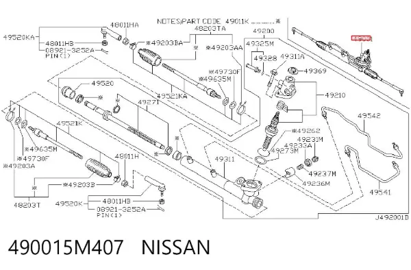 Cremallera de dirección 490015M407 Nissan/Infiniti