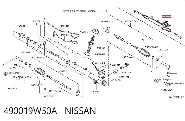 Cremallera de dirección 490019W50A Nissan/Infiniti