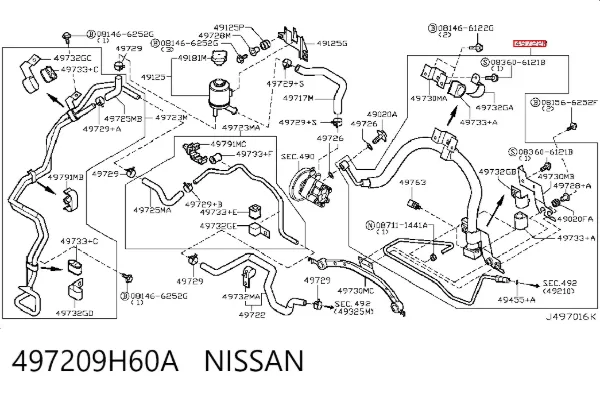 Manguera de alta presion de direccion, hidráulica 497209H60A Nissan/Infiniti