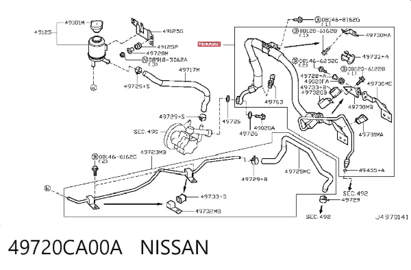 Manguera de alta presion de direccion, hidráulica 49720CA00A Nissan/Infiniti