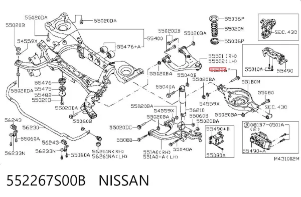 Perno de fijación interior del brazo oscilante inferior trasero 552267S00B Nissan/Infiniti