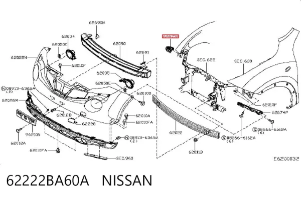 Soporte exterior derecho del parachoques delantero 62222BA60A Nissan/Infiniti
