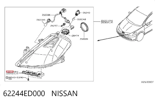 Soporte de fijación del faro delantero derecho 62244ED000 Nissan/Infiniti