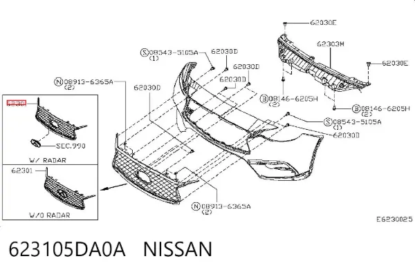 Parrilla 623105DA0A Nissan/Infiniti