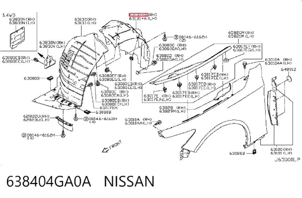 Guardabarros interior trasero derecho del guardafango delantero 638404GA0A Nissan/Infiniti