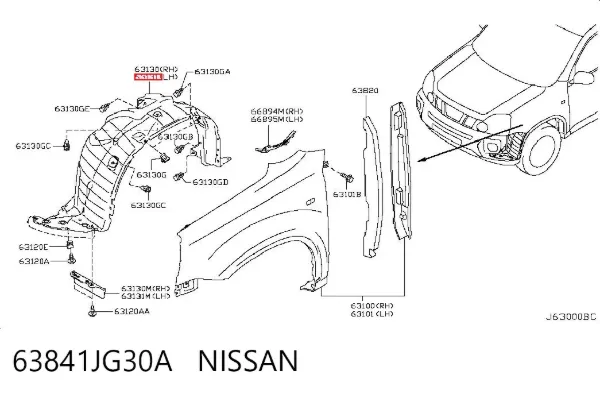 Guardalodos interior izquierdo, guardafango delantero 63841JG30A Nissan/Infiniti